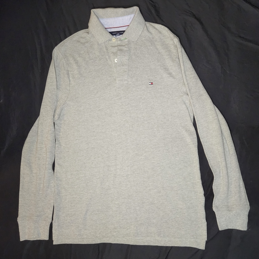 Tommy Hilfiger Men's Small Polo Shirt Gray Long Sleeves 1/4 Button